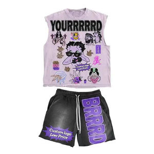 Conjuntos de Ropa Deportiva para Hombre, Camisetas sin Mangas de Algodón y Pantalones Cortos con Cordón, para Relajarse en Casa y Moda Urbana, Venta al Por Mayor - Product Image 3