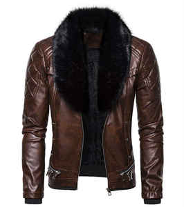<b>Men</b> <b>Brown</b> PU <b>Leather</b> Moto <b>Jacket</b> With Fur Collar Zipper Closure Winter Outerwear Slim Fit - Product Image 1
