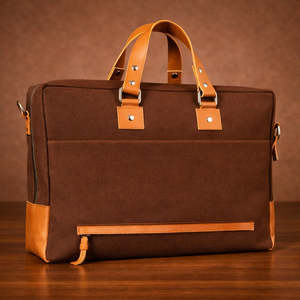 Porte-documents classique en toile pour ordinateur portable, couleur marron, sac de bureau professionnel durable avec poignées en cuir et bandoulière - Product Image 1