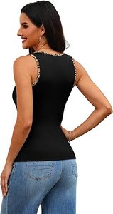 Débardeur court noir pour femme à col rond avec bordure léopard, en tricot décontracté, Spandex et Polyester - Product Image 3