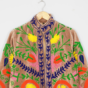 Women Velvet Embroidered <b>Jacket</b> Mandarin Collar Floral <b>Pattern</b> Boho Style Spring Coat Handmade Suzani Design Full Sleeve - Product Image 5