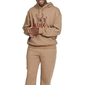 Brown Hooded Tracksuit Full Length 100% Cotton Casual Sweatshirt and <b>Pants</b> Set with Wine <b>Down</b> Print - Product Image 3