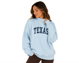 Sudadera Oversize de Cuello Alto para Mujer, Azul Claro, con Estampado de Letras Texas, Cuello Redondo, Manga Larga, Ajuste Holgado Informal, 100% Algodón - Product Image 1