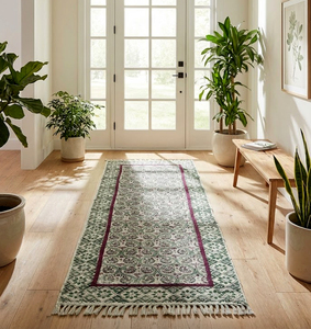 Alfombra de algodón estampada artesanal india, lavable, de tejido plano, para el hogar, estilo bohemio, hecha a mano, antideslizante y ecológica. - Product Image 1