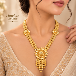 <b>Sunflower</b> Floral Statement Jewelry Set for Women | Elegant 24K Gold Plated Long Necklace | Matching Earrings Bracelet Party - Product Image 4
