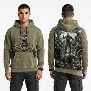 เสื้อฮู้ดดี้สีเขียวมะกอกแบบฟอกกรด ผ้าฟลีซหนานุ่ม พิมพ์ลาย Zombie Commander สไตล์วินเทจ ผลิตโดยผู้ผลิตเสื้อผ้าแบบสั่งทำพิเศษ - Product Image 1