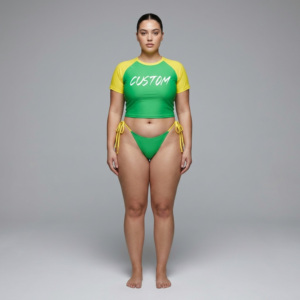 Ensemble bikini vert et jaune grande taille pour femme, haut court, string à nouer sur les côtés, maillot de bain en spandex et polyester, imprimé personnalisé, col rond - Product Image 5