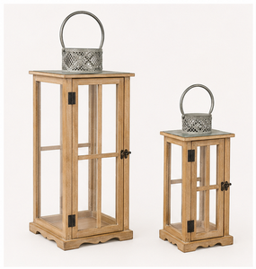 Set of 2 <b>Large</b> Farmhouse Wooden <b>Lanterns</b> Rustic Decorative Floor Candle Holders with Metal Handle for Indoor Outdoor Wedding - Product Image 3
