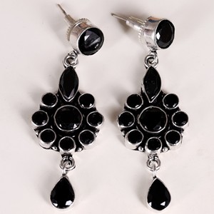 Black Onyx Oxidized Silver Bohemian Flower Drop Earrings Brass Ethnic Wedding Jewelry Wholesale - Product Image 3