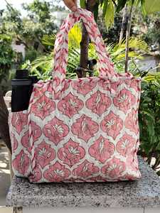 Hand Block Printed Cotton <b>Lunch</b> <b>Bag</b> Reusable Insulated Food Carrier <b>Tote</b> Office School Picnic Travel Zipper Wholesale Supply - Product Image 2
