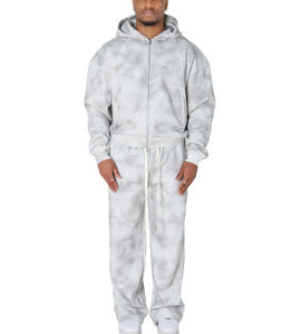 Ensemble survêtement homme streetwear personnalisé en molleton épais délavé à l'acide avec sweat à capuche zippé et pantalon de jogging – Blanc et gris – Vente en gros - Product Image 1