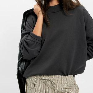 Sweat-shirt tendance en coton tricoté pour femme, col montant, épaules tombantes, couleur unie, grande taille, imprimé, vente en gros, collection automne - Product Image 1