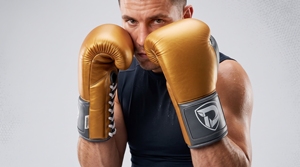 Dumela Leather Boxing Gloves Gold with Black Accents and <b>White</b> <b>Laces</b> - Product Image 2