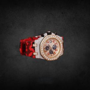 Two Tone Luxury Men's Stainless Steel Wrist <b>Watch</b> Half Iced Moissanite <b>Diamond</b> Red Black Rubber Strap Analog Date Fully - Product Image 6