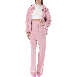 Women <b>Pink</b> Velour <b>Tracksuit</b> Two Piece <b>Set</b> Hooded Zipper Full Sleeve Loose Fit Casual Wear Solid Color Autumn Style - Product Image 1