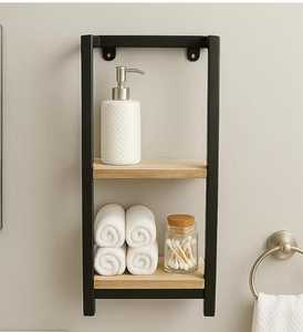 <b>Wall</b> <b>Mounted</b> Bathroom <b>Shelf</b> Storage Rack Metal Frame Wooden Panel Organizer for Washroom Vanity - Product Image 1