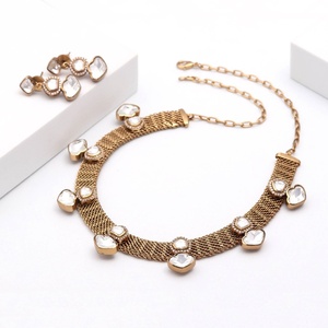 Vintage Kundan Polki Choker <b>Necklace</b> Set 18K Matte Gold Plated Brass CZ Bridal Jewelry Wholesale Factory - Product Image 1