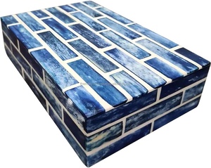 Style splendide Indigo Brique Motif Mosaïque Collection Boîte de rangement de bijoux en bois avec couvercle Boîte à souvenirs en incrustation d'os fabriquée à la main - Product Image 3