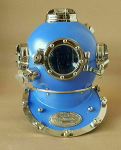 Escultura de Casco de Buceo Antiguo Azul, Plateado, de Acero Inoxidable, Decoración Náutica Marina, Arte Coleccionable, Regalo Empresarial, Metal - Product Image 4