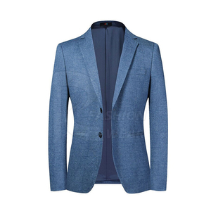 Blazer bleu croisé pour homme à col mandarin 100 % polyester infroissable imperméable respirant style britannique coupe classique - Product Image 1