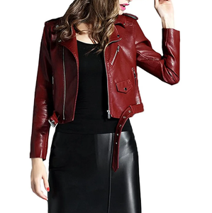 Chaqueta de Motociclista de Cuero Sintético Rojo para Mujer, Manga Larga, Cierre de Cremallera, Estilo Corto, para Otoño - Product Image 1