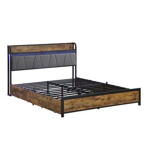 Set Camera da Letto King Size con Luci LED, Testiera con Vano Portaoggetti, Stazione di Ricarica, 4 Cassetti - Struttura Letto Marrone e Grigia - Product Image 4