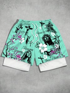 Shorts de basketball pour hommes, design double couche, été, extérieur, imprimé graphique 3D sublimé, style américain tendance, coupe ample, en mesh - Product Image 2
