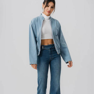 New Arrival Women's Premium Fashion Denim Jacket Long Sleeve Zipper Closure Spring Style <b>Vintage</b> Light Wash Denim Jacket - Product Image 1