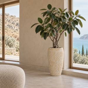 Trio de jardinières hautes en fibro-ciment gaufré effet feuille, coloris crème marbré, pour la décoration extérieure de patio, terrasse et jardin - Product Image 5
