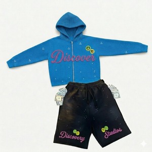 Ensemble de survêtement streetwear personnalisé, sweat à capuche zippé épais et short, ensemble 2 pièces, imprimé hip-hop pour homme - Product Image 2