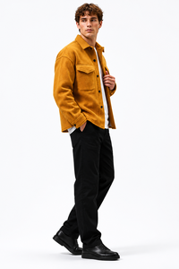 Chaqueta tipo shacket de forro polar color mostaza para hombre, sobrecamisa informal de invierno, chaqueta de forro polar suave y cepillado, ropa exterior premium para hombre. - Product Image 2