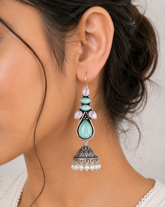 Bohemian Drop <b>Earrings</b> With Monalisa And Pink Stones In Antique <b>Silver</b> Plated Brass For Women Party Jewelry - Product Image 4