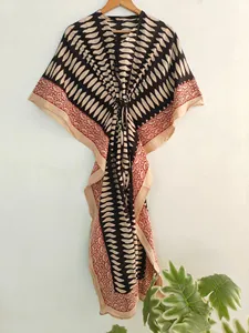 Vestido Kaftán Largo Holgado para Mujer, Estampado a Bloques Negro, 100% Algodón, Ropa de Resort, Vestido Holgado de Verano - Product Image 1