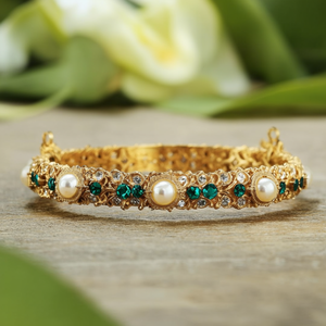 Classic Gold Plated <b>Copper</b> and Brass <b>Bangles</b> with Pearl Emerald Diamond Accents - Product Image 3