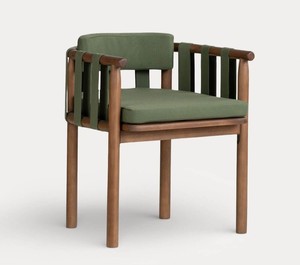 Sillón Moderno de Estilo Mid-Century con Brazos de Madera, Asiento y Respaldo Tapizados en Tela Verde, Silla de Comedor, Muebles para el Hogar - Product Image 1