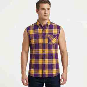 Camisa de Franela a Cuadros para Hombre, Holgada, sin Mangas, con Botones, Estilo Casual, en Morado y Amarillo, con Bolsillos - Product Image 1