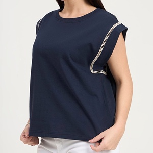 T-shirt décontracté pour femme en coton bleu marine, col rond, manches courtes, coupe classique, en jersey bouclette à sequins, couleur unie, tricoté - Product Image 2