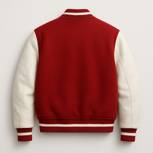 Veste de baseball en similicuir blanc crème pour femme, avec manches côtelées tricotées à rayures contrastées rouges - Product Image 4