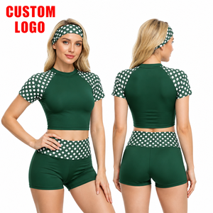High Quality Custom Logo Women 3 Piece Color Block Polka Dot <b>Crop</b> <b>Top</b> Booty Shorts Matching Headband Swim Gym Set Low MOQ - Product Image 2
