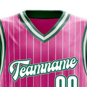 Conjunto de Baloncesto Rosa al por Mayor con Ribete Verde, Transpirable, Sublimado, de Poliéster Suave, Sin Mangas, Tejido que Absorbe la Humedad, Personalizado para Deportes - Product Image 5