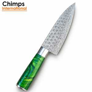 Couteau de chef artisanal en acier Damas avec manche en résine verte |   Lame haute et tranchante à motif Damas goutte de pluie - Product Image 1