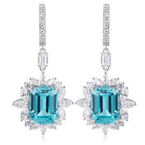 Luxury Women's Drop <b>Earrings</b> 925 Silver Rhodium Plated Crystal <b>Emerald</b> Cut Flower Design Wedding Jewelry - Product Image 1