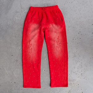 Pantalon de survêtement unisexe en coton épais avec strass, coupe ample évasée, broderie, délavage acide, jambe large pour homme - Product Image 3