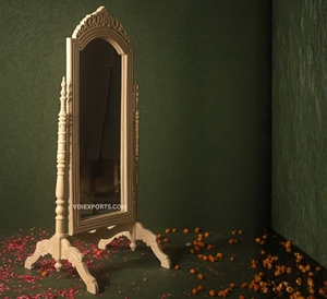 <b>Antique</b> Distress Beige Hand-Carved Standing Psyche Mirror Traditional Standing Mirror <b>Frame</b> - Product Image 4