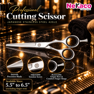 Tijeras Profesionales para Cabello Nekaco, Acero Inoxidable Japonés 420J2, Reposamanos Extraíble, Color Personalizado OEM, Acabado Negro Dorado - Product Image 2