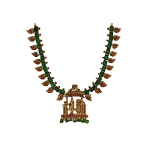 Latest Woman Gold Plated Silver Elegant Green Maroon Stone Studded Radha Krishna Hindu Temple Pendant for Wedding at Best Price