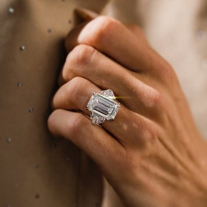 <b>Emerald</b> Cut Three Stone Lab Grown Diamond Sterling <b>Silver</b> Calf Cut Diamond Side Engagement Wedding Anniversary Luxury <b>Ring</b> - Product Image 1