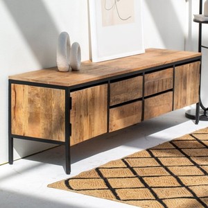 Meuble TV industriel en bois de manguier Vandana Novara Nova avec 2 portes, console de divertissement moderne - Product Image 3
