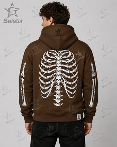 Brown Hooded <b>Zipper</b> <b>Sweatshirt</b> Men Skull Flame Print Casual Skeleton Design Regular Fit Autumn Wear - Product Image 4