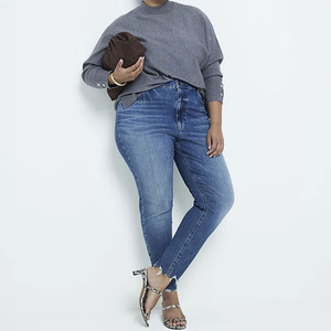 Jean en denim personnalisé pour femme, taille haute, bleu clair, coupe crayon, en coton, décontracté, grande taille, hiver, effet usé - Product Image 4